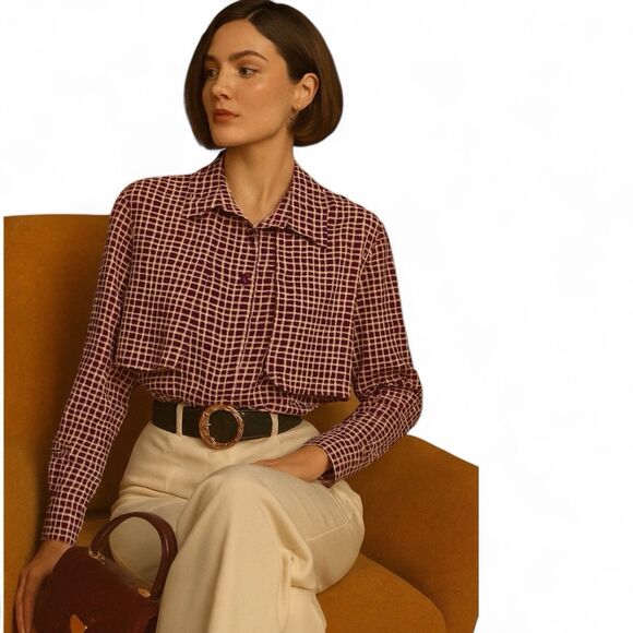 Vintage Artsy Blouse 10 Purple Geometric Print Retro Top - Picture 2 of 16